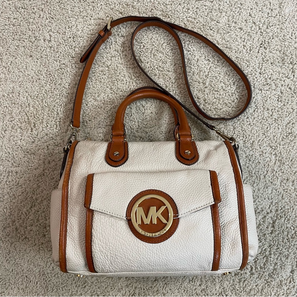 MICHAEL KORS Ivory Brown Leather MARGO Convertible CROSS BODY Designer PURSE Bag